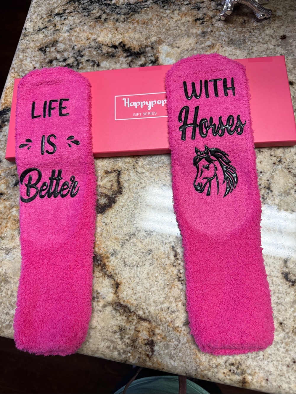 NWT HappyPops Socks Pink 'Life Is Better With Horses' Cozy Grip Socks w gift box